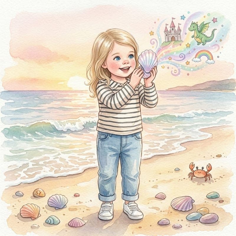 Aquarell-Illustration: Emma steht am Strand und hält eine Muschel ans Ohr, aus der ein Zauberwirbel mit Schloss und Drache aufsteigt